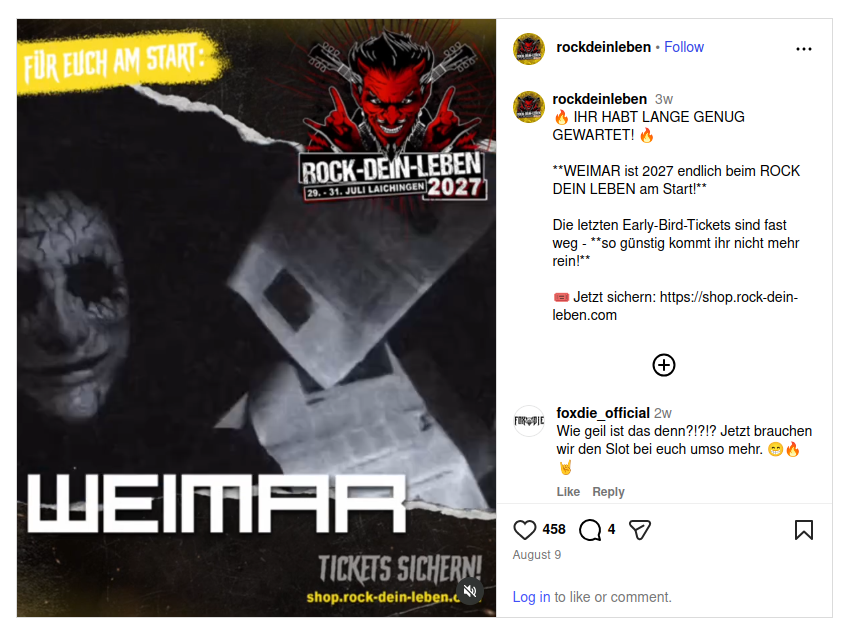 Kurzmeldung: Weimar tritt beim Rock-Dein-Leben 2027 auf